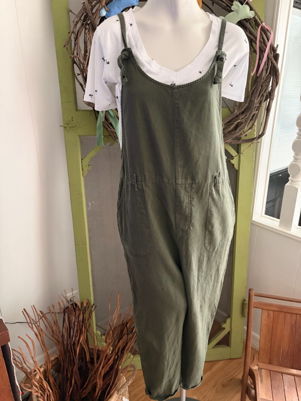Universal Thread Olive Green Cropped LinenBlend Overalls